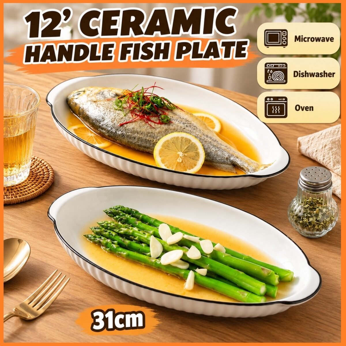 12' Ceramic Fish Plate Steam Fish Plate陶瓷魚盘